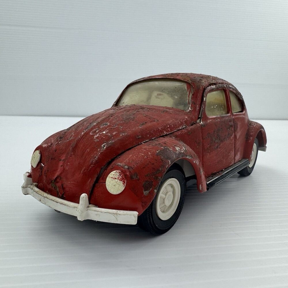 Vintage Tonka VW Bug Beetle Toy Car Red Distressed Metal Large Scale